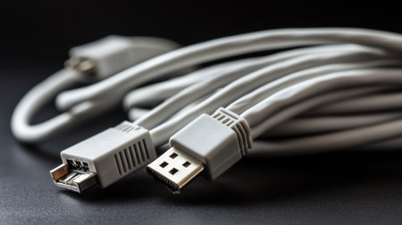 A close-up view of a high-quality USB cable laid on a dark surface. This image captures the sleek design and practical use of USB technology for connectivity and charging.の素材