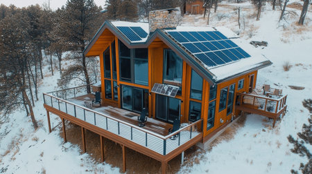 This modern eco-friendly cabin features solar panels, harmonizing with its snow-covered surroundings. Ideal for winter retreats and serene getaways.の素材
