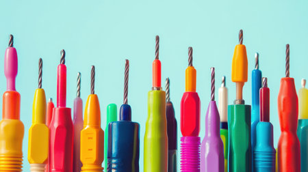 A vibrant collection of colorful drills arranged against a bright background, ideal for showcasing creativity in crafting, design, and artistic projects.の素材