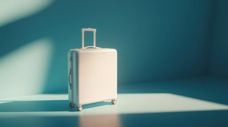 A minimalist white suitcase stands alone on a bright blue background, showcasing soft shadows and natural lighting, perfect for travel concepts.の素材
