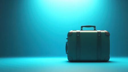 A stylish travel luggage piece is displayed against a vibrant blue background, enhanced by soft lighting. Perfect for themes of travel and adventure.の素材
