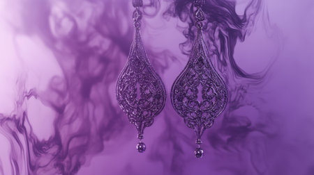 This image features elegant silver earrings with intricate designs, beautifully showcased against a vibrant purple abstract background, ideal for fashion and jewelry themes.の素材