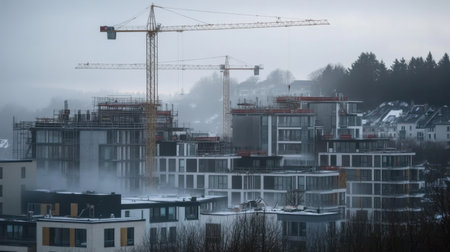 A view of active construction sites featuring cranes amidst fog and a cold winter morning, showcasing urban development and architectural progress.の素材