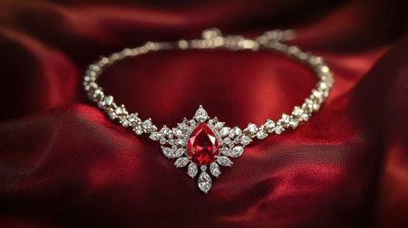 Stunning close-up image of a red gemstone necklace adorned with sparkling diamonds, set against a rich red fabric background that enhances its elegance.の素材