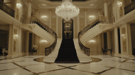This stunning image showcases an elegant grand staircase adorned with a sparkling crystal chandelier, illustrating luxury in interior design and architecture.の素材