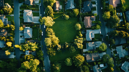 This aerial image captures a serene suburban neighborhood featuring residential homes surrounding a lush green park, illustrating a tranquil lifestyle.の素材
