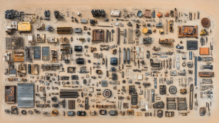 This detailed aerial image showcases a variety of vintage mechanical parts arranged on a sandy background, perfect for design projects and creative inspiration.の素材