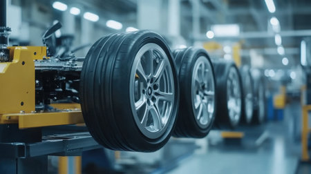 This image showcases a modern automotive assembly line with advanced machinery and high-quality tires being prepared for installation. The factory setting highlights the precision and efficiency of tire manufacturing, emphasizing technology and industry progress.の素材