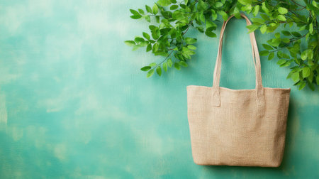 A stylish jute bag hangs gracefully against a soft green background, complemented by delicate green foliage that enhances its natural appeal.の素材