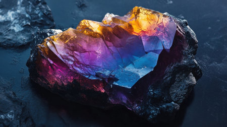 A stunning close-up of a vibrant multicolored crystal showcasing its beautiful hues of blue, purple, and orange on a dark surface, perfect for nature enthusiasts.の素材