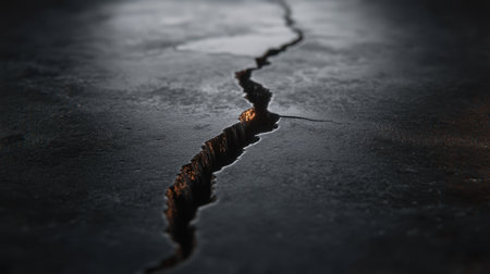 A striking image showcasing a cracked surface, revealing a deep crevice with a dark interior. The lighting adds depth and intrigue to the scene.の素材