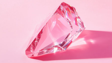 This stunning image features a large, crystal-clear diamond resting on a soft pink background, capturing light and creating mesmerizing reflections that enhance any design project.の素材