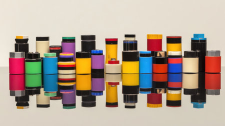 A visually striking arrangement of colorful film canisters showcasing a range of shapes and hues on a reflective surface, perfect for artistic photography themes.の素材