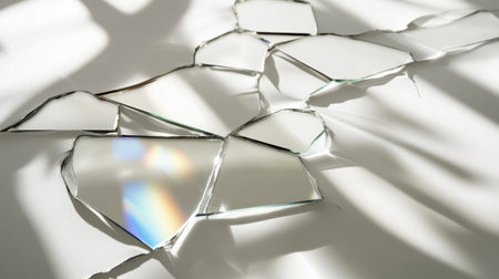 A close-up view of shattered glass pieces scattered on a white surface, showcasing reflections and shadows that create an engaging abstract pattern.の素材