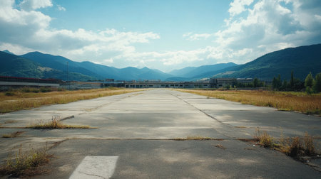 This image captures an abandoned airstrip set against majestic mountains and a beautiful sky, showcasing the charm of rural exploration and forgotten spaces.の素材