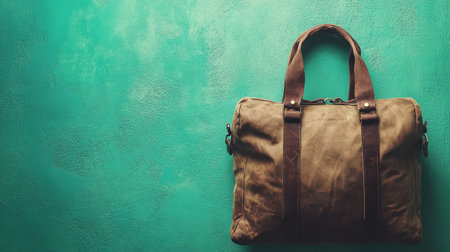 A vintage messenger bag made from durable materials rests against a vibrant teal background. Perfect for travelers and fashion enthusiasts, this bag blends style with practicality.の素材