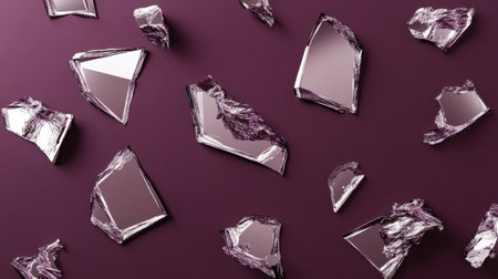 A stunning arrangement of fragmented glass pieces on a deep purple background, showcasing reflections and textures for modern artistic designs.の素材