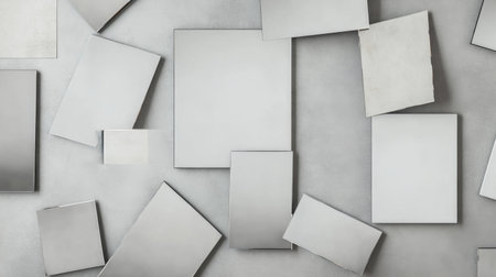 This image showcases an abstract composition featuring silver and gray geometric shapes scattered on a textured background, perfect for modern design projects.の素材