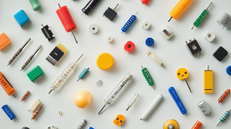 A vibrant assortment of electronic components spread on a white background. Ideal for projects related to technology, innovation, and engineering, showcasing various shapes and colors.の素材