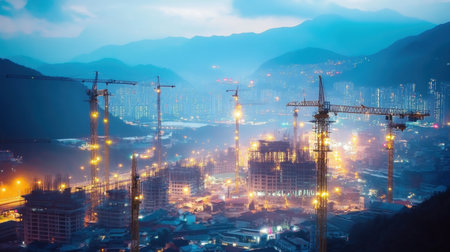 A vibrant city construction site captured at dusk, showcasing numerous cranes and illuminated buildings, reflecting urban growth and development.の素材