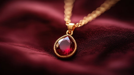 This elegant gold necklace features a stunning red gemstone pendant, exuding luxury and sophistication against a rich fabric backdrop, perfect for any occasion.の素材