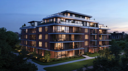 A stunning modern residential building at twilight showcases illuminated windows, lush landscaping, and a contemporary design, perfect for urban living.の素材