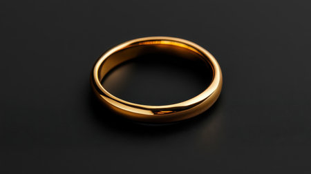 This elegant gold wedding band rests on a dark surface, capturing light with its smooth design and reflective shine. A perfect symbol of love and lasting commitment.の素材