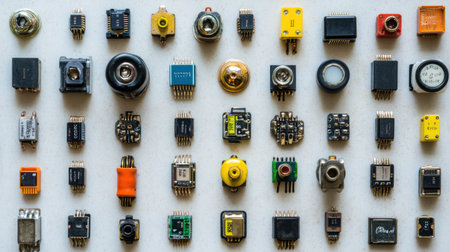 This image showcases a diverse array of electronic components and circuit parts neatly arranged on a white background, ideal for technology projects.の素材