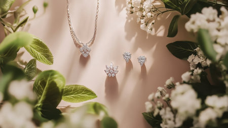 A beautifully arranged jewelry set featuring a necklace and earrings, surrounded by fresh leaves and white flowers, capturing elegance and luxury.の素材