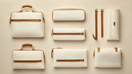 An elegant arrangement of stylish white bags and cases with brown leather accents, showcasing minimalist design and versatile functionality for various uses.の素材