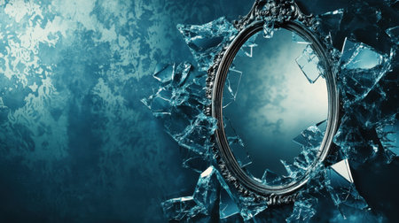 A stunning image of a shattered mirror in an ornate silver frame against a dark blue background, creating a dramatic and surreal atmosphere perfect for artistic projects.の素材