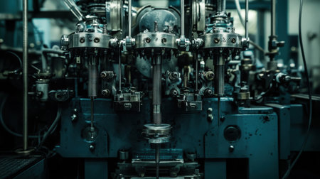 This image showcases a detailed view of an intricate machine in an industrial environment, featuring precision components and complex mechanisms under ambient lighting.の素材