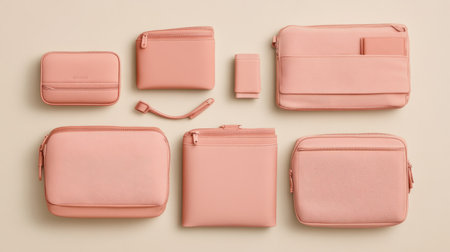 Discover a beautiful arrangement of pink pouches and organizers on a beige surface, perfect for stylish storage solutions in everyday life.の素材