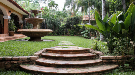 A beautiful garden scene featuring an elegant fountain and lush greenery. This tranquil outdoor space invites relaxation and appreciation of natureの素材