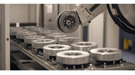 A state-of-the-art robot arm efficiently handles metal discs within a modern factory, showcasing advanced automation technology in industrial processes.の素材