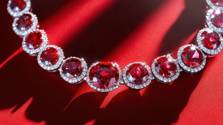 A stunning ruby necklace adorned with sparkling diamonds set against a vibrant red background, embodying luxury and elegance for any fashionista.の素材