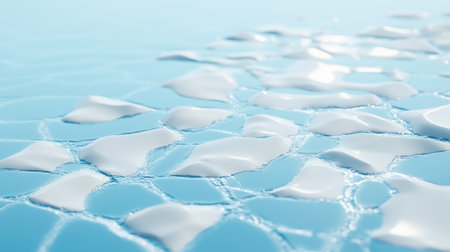 A serene view of gentle water showing soft white foam bubbles floating on its surface, capturing the essence of tranquility in a soothing blue environment.の素材