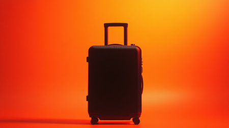 A striking image of a black hard shell suitcase stands prominently against a bright orange background. This composition captures the essence of travel and adventure.の素材