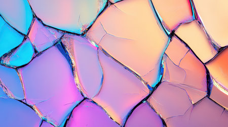 This abstract image showcases a vibrant texture of cracked glass, featuring iridescent shades of blue, pink, and purple, creating a stunning visual effect.の素材