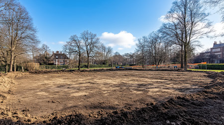 An empty dirt ground prepared for construction in an urban park, surrounded by trees and buildings under a bright blue sky, showcasing nature's transformation.の素材