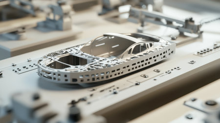 This image showcases a detailed 3D model of a car body structure set in a modern manufacturing environment, illustrating precision tools and advanced machinery.の素材