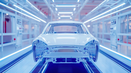 A striking view of a car body in a high-tech manufacturing facility, showcasing cutting-edge technology and automated processes in vehicle production.の素材