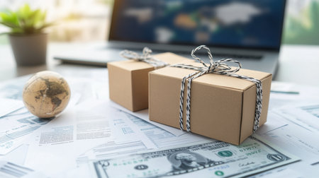 A modern workspace featuring two packages tied with string, money, a laptop, and a globe, symbolizing delivery, finance, and global trade strategy.の素材