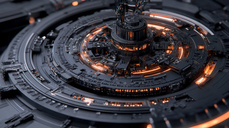 This image showcases a detailed futuristic metallic circular structure, featuring vibrant glowing orange accents that create a striking visual impact.の素材