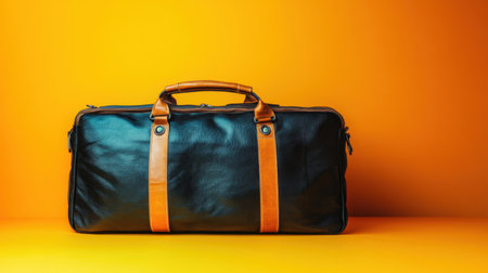 This stylish black and tan leather travel bag stands out against a vibrant orange background, showcasing a perfect blend of elegance and functionality. Ideal for both casual outings and professional use, this bag is designed for trendsetters.の素材