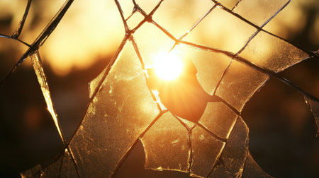 A captivating image of sunlight streaming through a broken glass pane, creating a beautiful interplay of light and shadows. Perfect for evoking themes of fragility and beauty.の素材