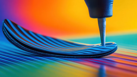 A close-up view of a precision tool delicately crafting patterns on a vividly colored surface featuring bold stripes and an abstract design, highlighting creativity.の素材