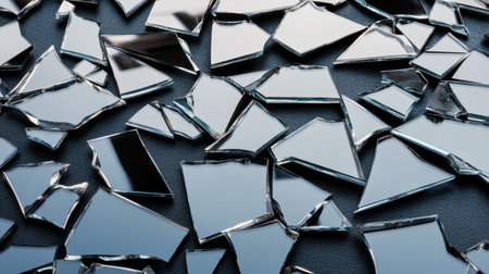 A captivating collection of shattered glass pieces scattered on a dark surface, showcasing sharp edges and intricate reflections, ideal for artistic work.の素材