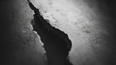 A dramatic close-up image showcasing a dark cracked surface, emphasizing texture and the interplay of light and shadow in a black and white theme.の素材