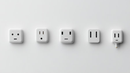 This image features a series of electrical outlets showcasing various designs and functions in a clean, minimalistic style, perfect for illustrating modern electrical solutions.の素材